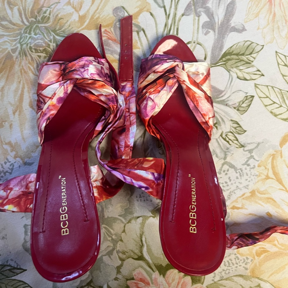 BCBG Floral fabric wrap heels